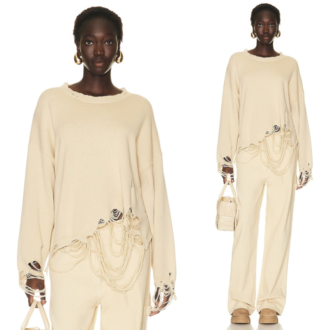 R13 Sweater Oversized Destroyed Crewneck Pullover Sweater Khaki Beige Xs